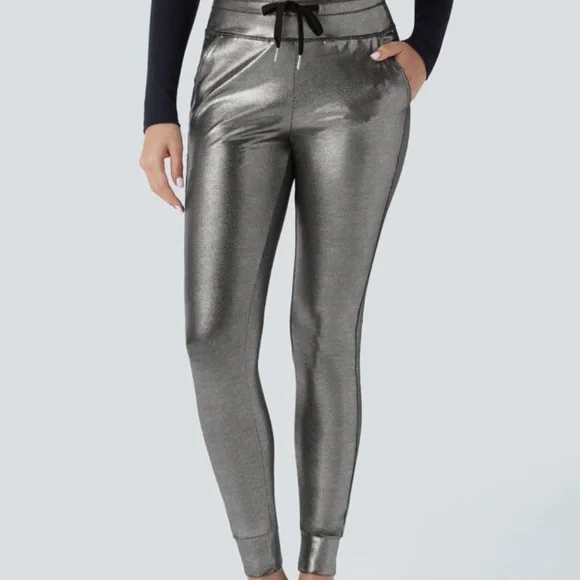 Halara SoftlyZero Faux Leather High Waisted Drawstring  Foil Print Joggers - Picture 2 of 9